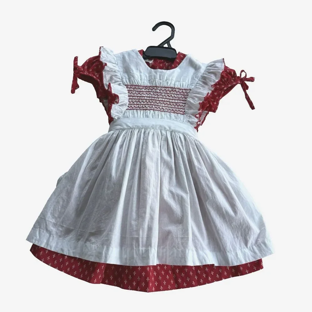 Vtg Polly Flinders Toddler 3T Dress Red Fleur de lis Hand Smocked Pinafore